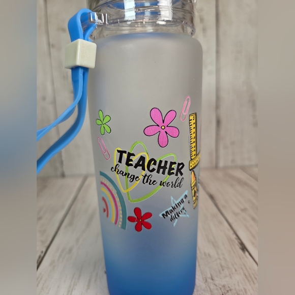 Blue Ombre Teacher Graphic Glass Water Bottle with Strap - Picture 2 of 7